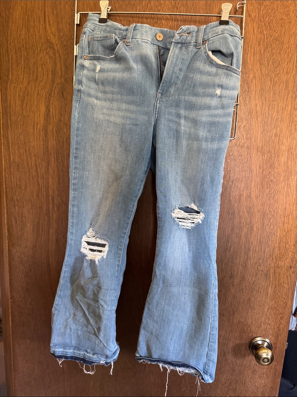 Express FleXX cropped Flare Light Blue Distressed Flare Jeans